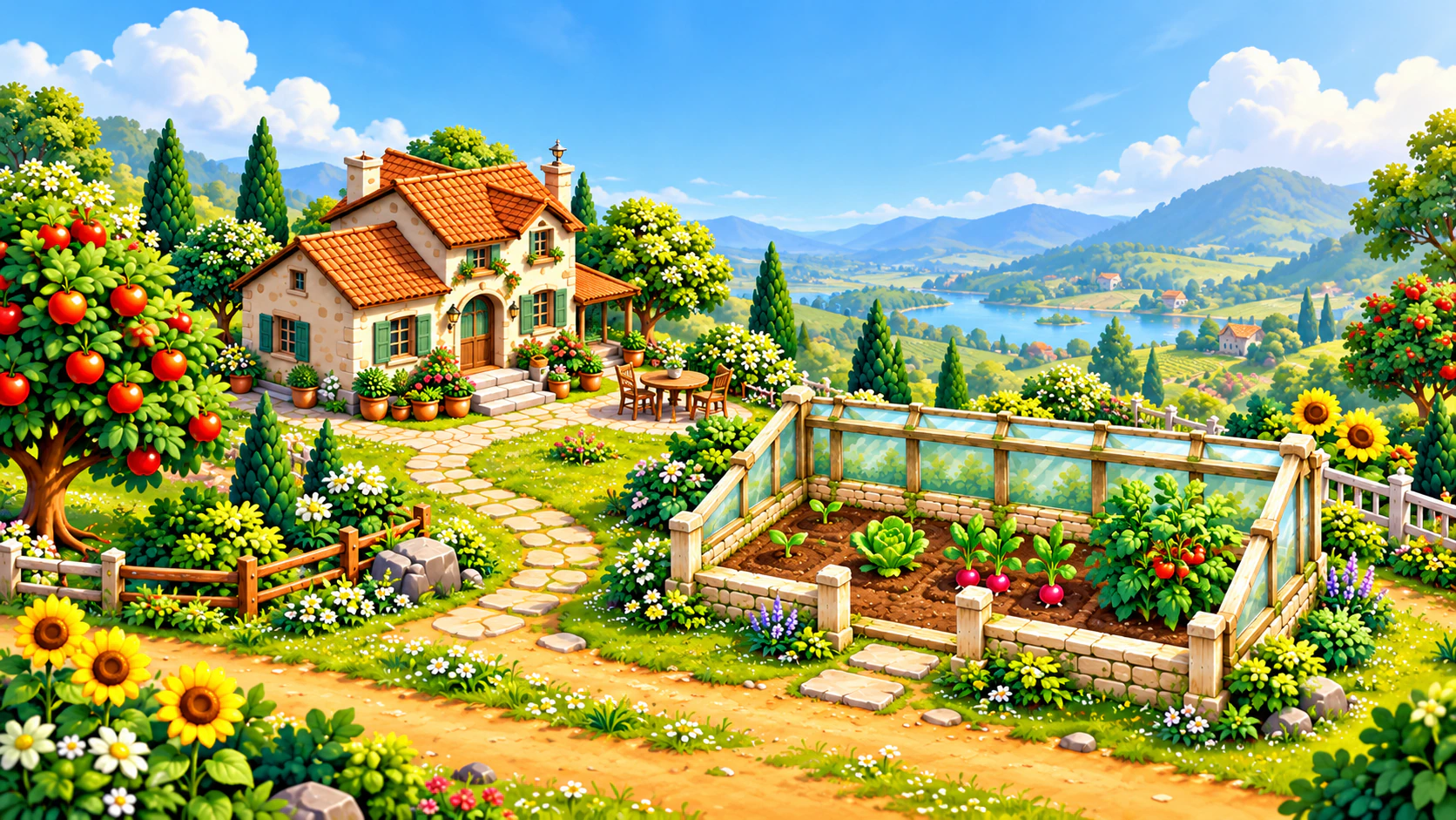 Farmhouse, plants and greenhouse overlooking a wide valley
